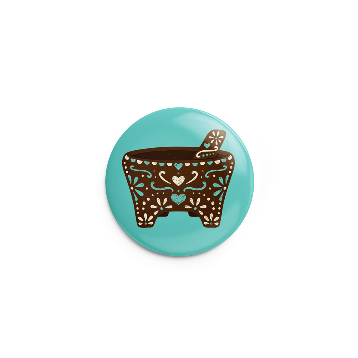 turquoise pin-back button mockup of a mexican molcajete